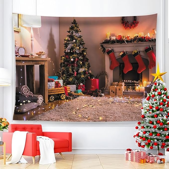 Tapiz premium Navideño para pared 250X200cm chimenea con bota
