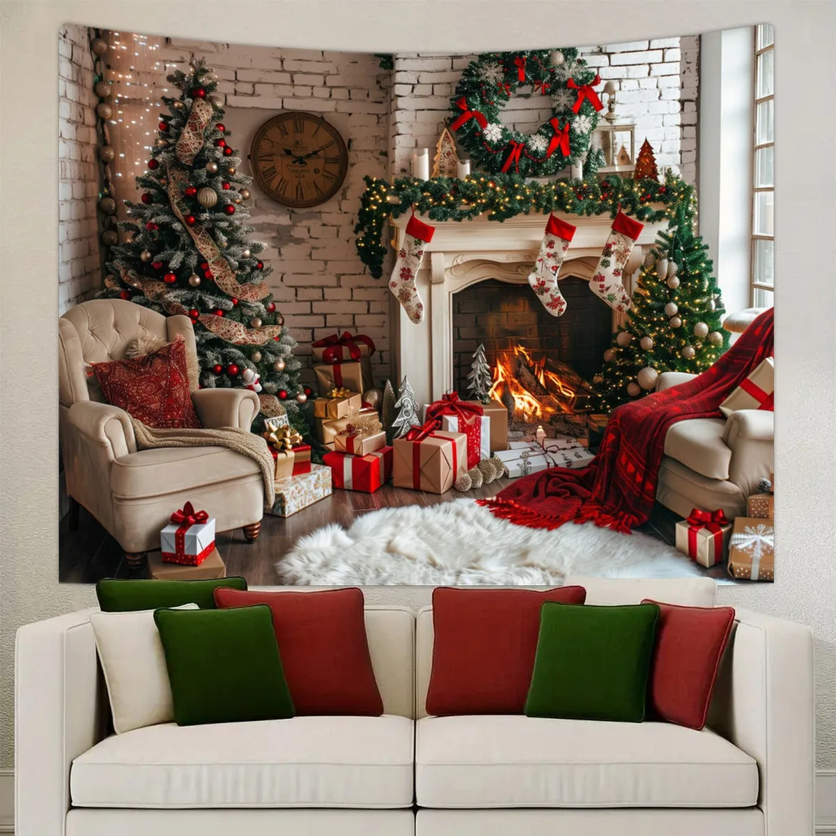 Tapiz premium Navideño para pared 250X200cm chimenea blanco - Imagen 2