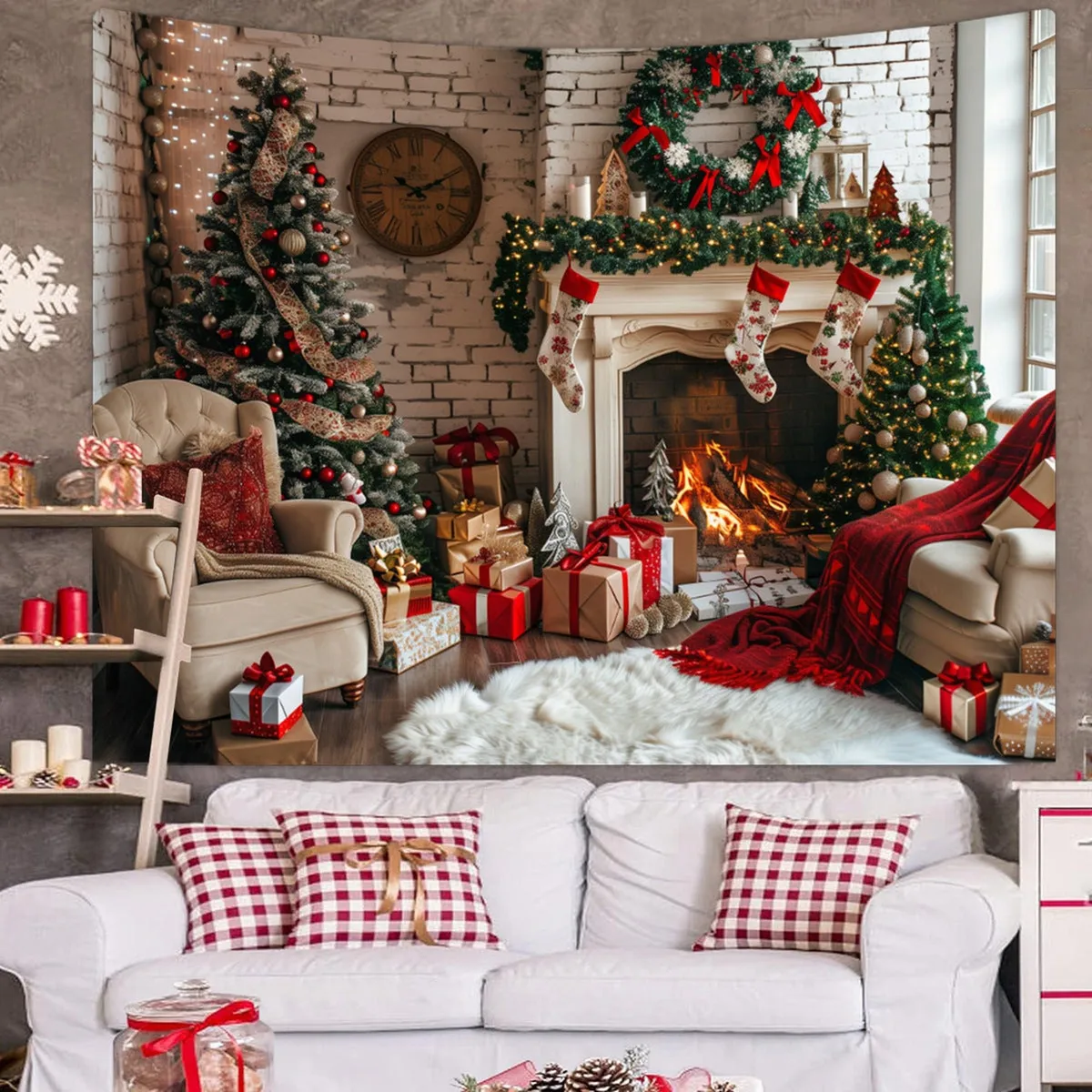 Tapiz premium Navideño para pared 250X200cm chimenea blanco
