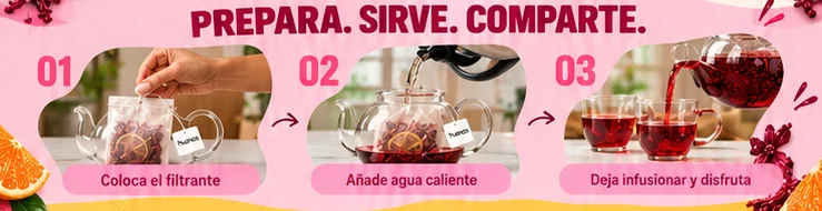 Prepara. Sirve. Comparte. 01 Coloca el filtrante en la tetera. 02 Añade agua caliente. 03 Deja infusionar y disfruta.