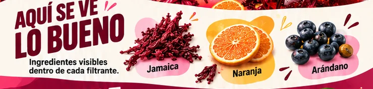 Aquí se ve lo bueno: ingredientes visibles dentro de cada filtrante. Jamaica, naranja y arándano.